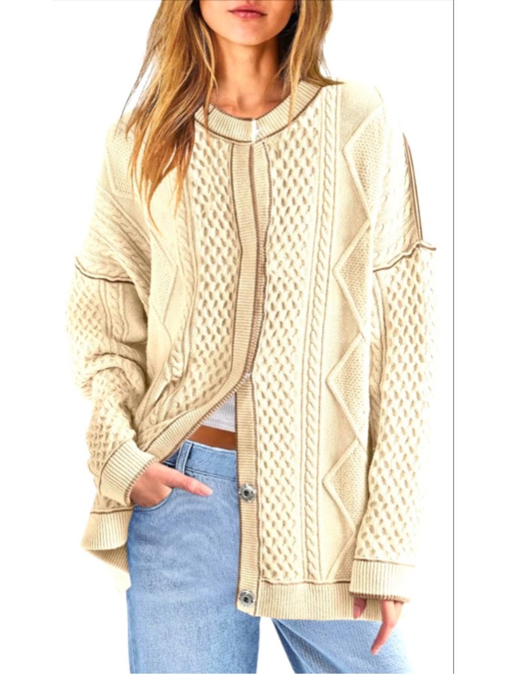 NEW Cable Knit Oversized Cardigan Button Up Striped Sweater S